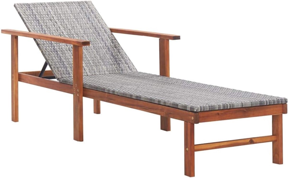 Tuinligstoel voor buiten, strand, rotan zonnebed van kunststof en massief acaciahout, grijs, 200 x 55 x 56 cm