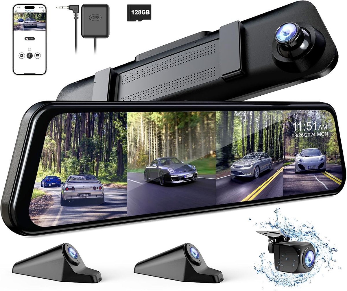 360° 4-kanaals spiegel dashcam met losse camera's voor auto's, opname voor, achter, links en rechts, 12 inch scherm, 4×FHD 1080P, nachtzicht, GPS, parkeerbewaking, gratis 128GB geheugenkaart