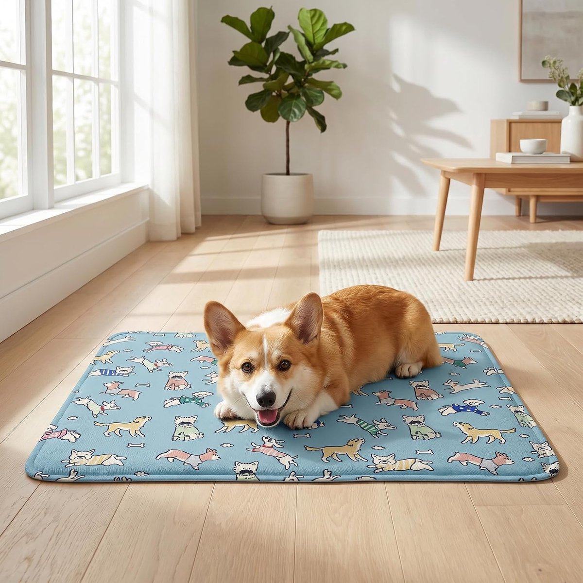 Koelmat voor honden, 50 x 70 cm, zelfkoelend, van ijszijde, groot formaat, wasbaar, zomerkussen, anti-hitteberoerte, schattige blauwe hond, ideaal voor kofferbak auto en binnen
