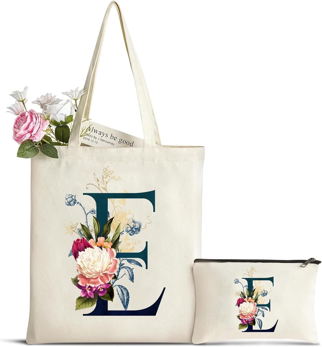 dames draagtas met initiaal bloem, gepersonaliseerde canvas tas van katoen, make-uptas, bruidsgeschenken, perfect cadeau voor vriendin, moeders voor verjaardag, bruiloft, reizen, Kerstmis E