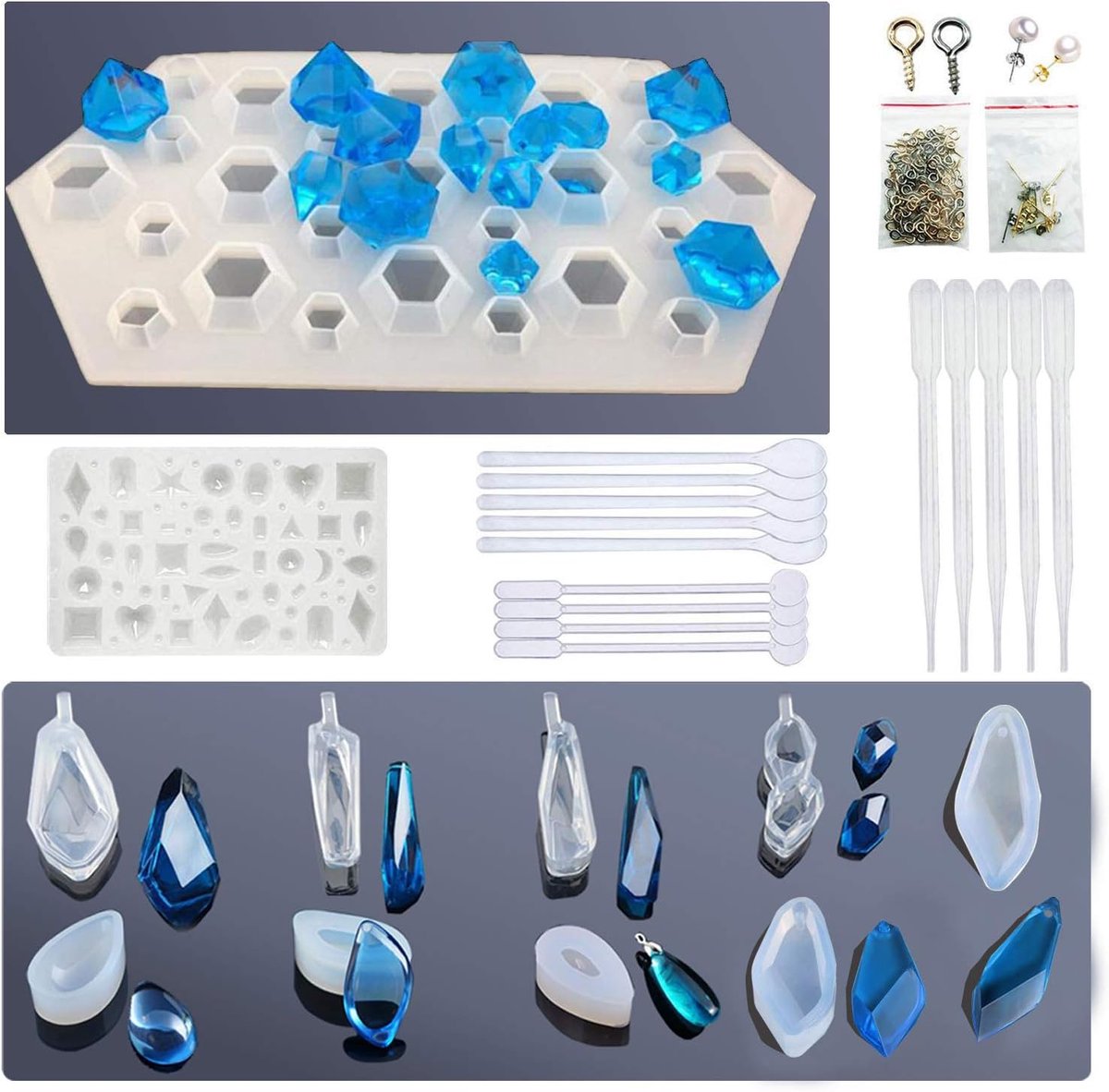 Siliconen gietvorm, 12 stuks harsvorm, inclusief harshangers, 15 stuks gereedschap maken, oorbel en oogschroefpennen voor het maken van sieraden