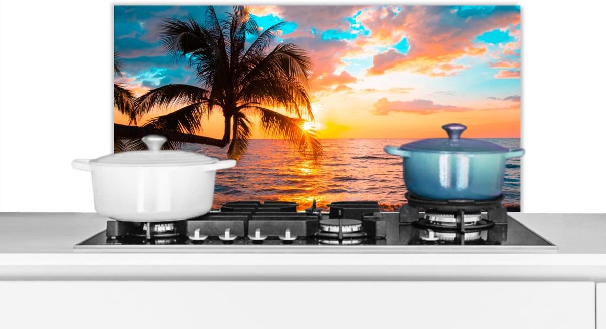 Spatscherm Keuken - 90x45 cm - Palm - Zonsondergang - Horizon - Strand - Zee - Tropisch