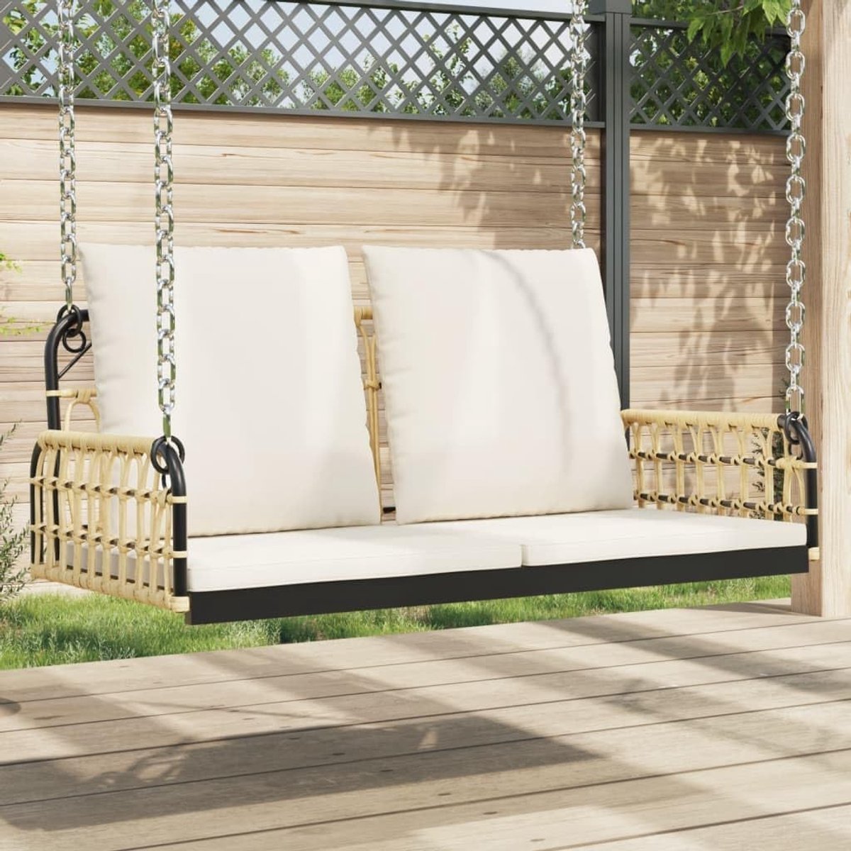 Hangbank met kussen, 105 x 58 x 38 cm, polyrotan en stalen frame, schommelbank voor buiten met bevestigingsringen, comfortabele bekleding, duurzaam PE-rotan, robuust
