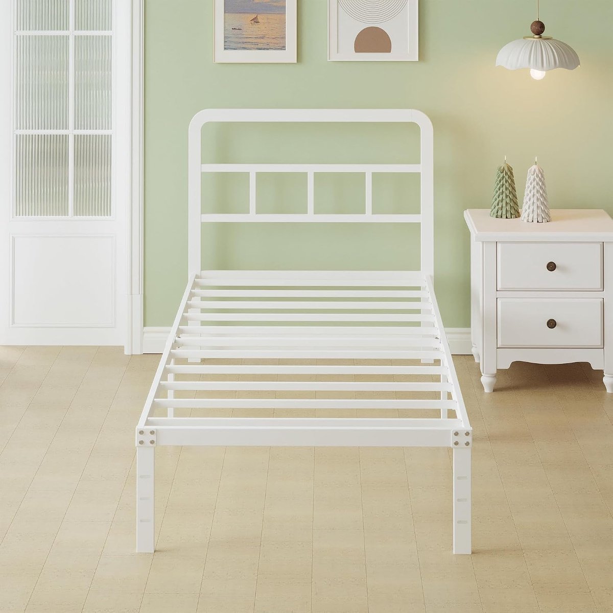 Bedframe 90 x 200 Metaal met Gebogen Hoofdbord, Hoogte 36cm, Metalen Bed frame 90x200 cm met Lattenbodem, Eenvoudige Montage, Opbergruimte onder het bed, Geluidsvrij, Wit