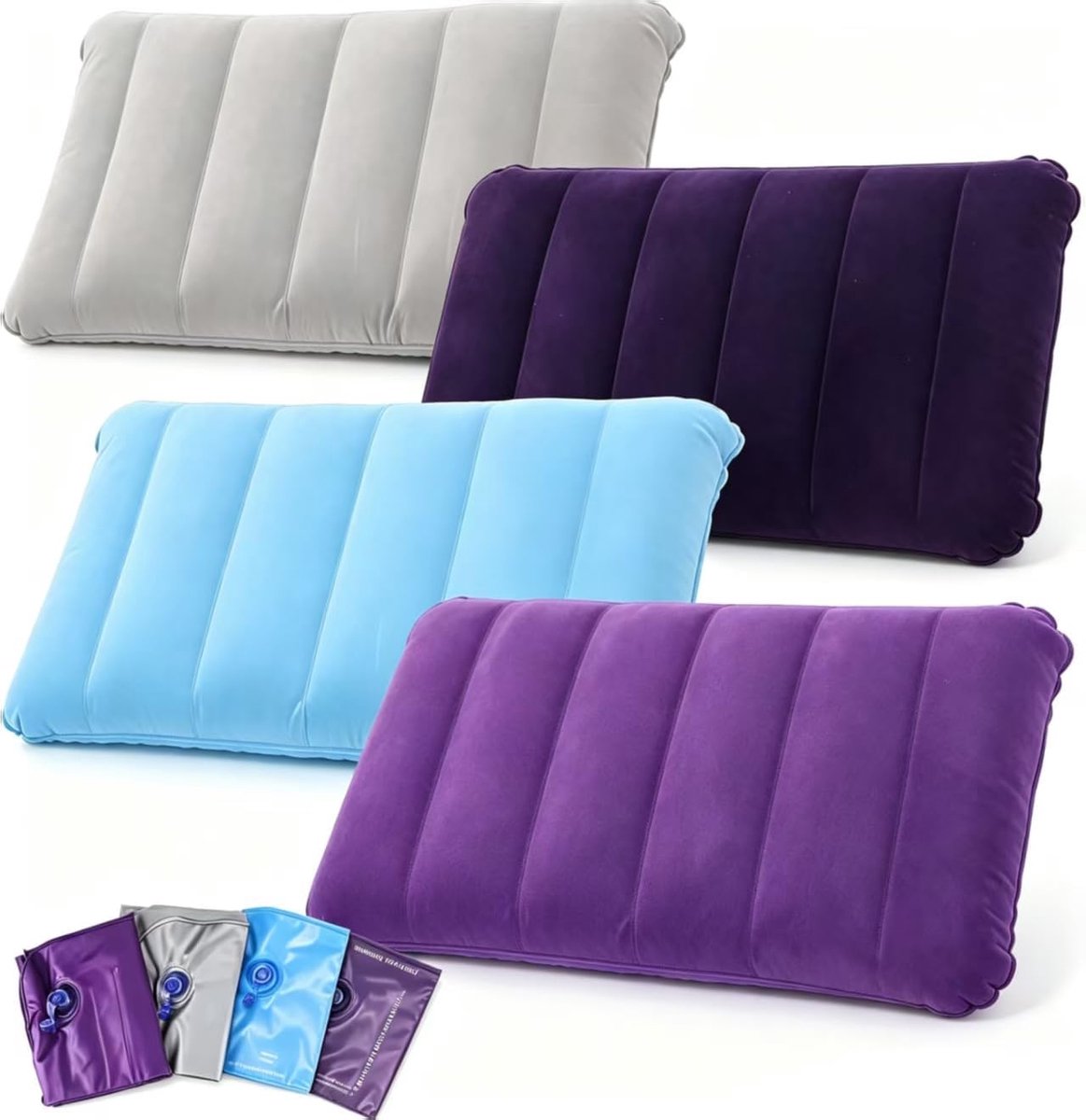 Kussen, 4 stuks reiskussens, opblaasbaar, camping, reiskussen, luchtkussen, gevlokt velours, comfortabel reiskussen voor auto, voor outdoor, camping, reizen