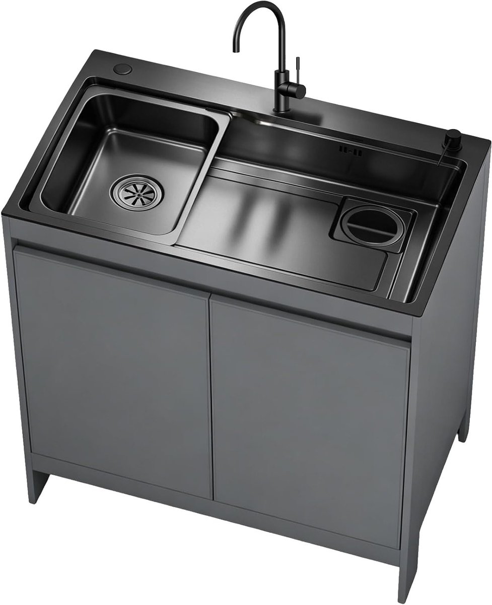 Wasbak kast, waterdichte honingraat aluminium ijdelheid met zwarte nano roestvrij staal enkele kom gootsteen, Heavy Duty Outdoor/Indoor Utility Sink met zwanenhals kraan, wit/grijs