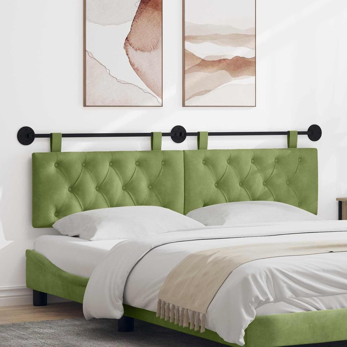 Hoofdbord in lichtgroen velours met ledlamp, ideaal voor slaapkamer, eetkamer en hal.
