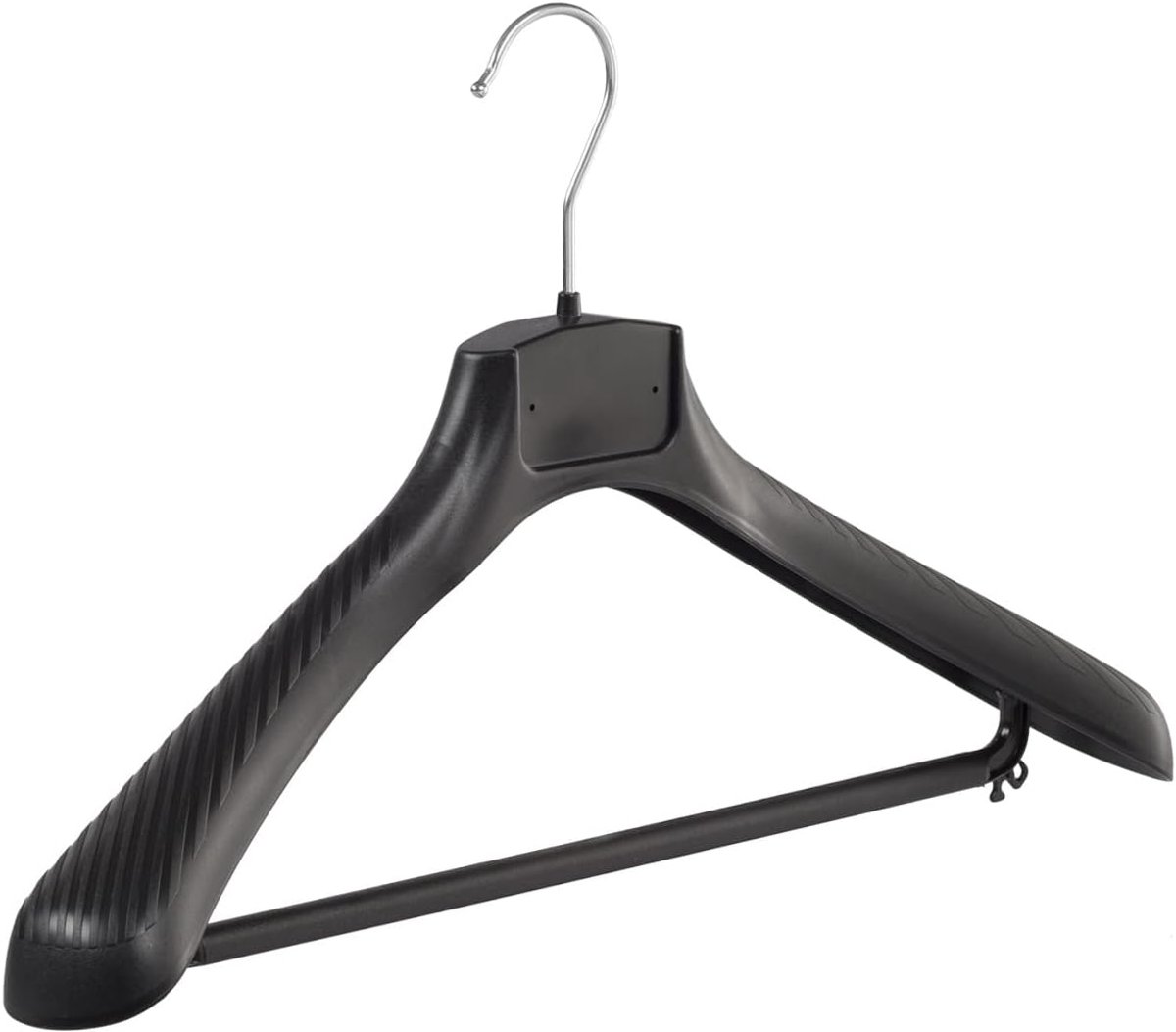 Kleerhanger, Mantelhanger, Kostuumhanger, Jassenhanger, set van 10 Stuks, Kunststof, Zwart, Broeklat, Brede schouders, 360° Draaibare Haak, 45 cm (FG45/B_00/10)
