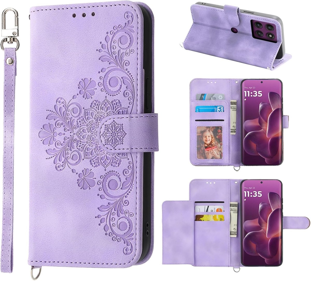 Hoes voor Motorola Moto Edge 60 Pro 5G 6,7 inch, bloemen, 5 kaartvakken, telefoonhoes voor Moto Edge 60 Pro, vintage stijl, PU-lederen klaphoes, beschermhoes, paars