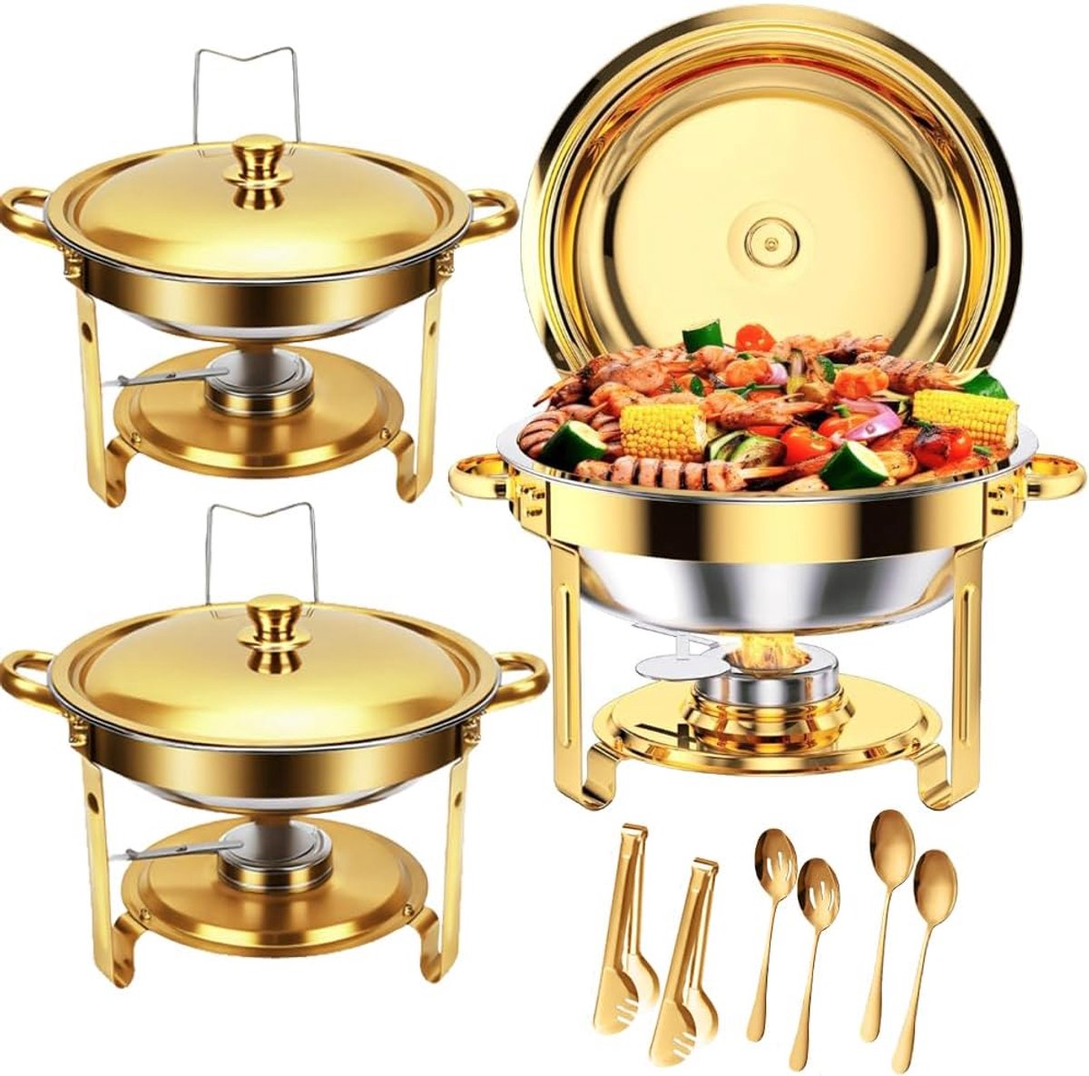 2 Pack Chafing Dish Buffet Set 5 Qt, 5L RVS Chafing Dishes, Ronde Catering Warmer Server met Glazen Deksel & Cover Houder, Voedsel Warmers voor Feesten, Bruiloft, Verjaardag (Goud)