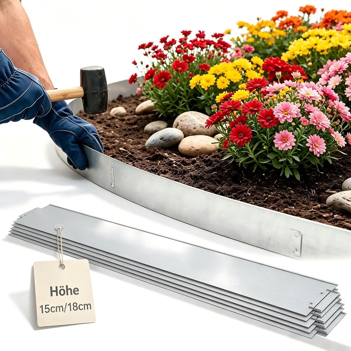 Verzinkt metaal, 5 m, 10 m, 15 m, 20 m, 25 m, 30 m, bed omranding, gazonrand, palissade, omranding, tuinafbakening - lengte 5 m, hoogte 18 cm (zilver)