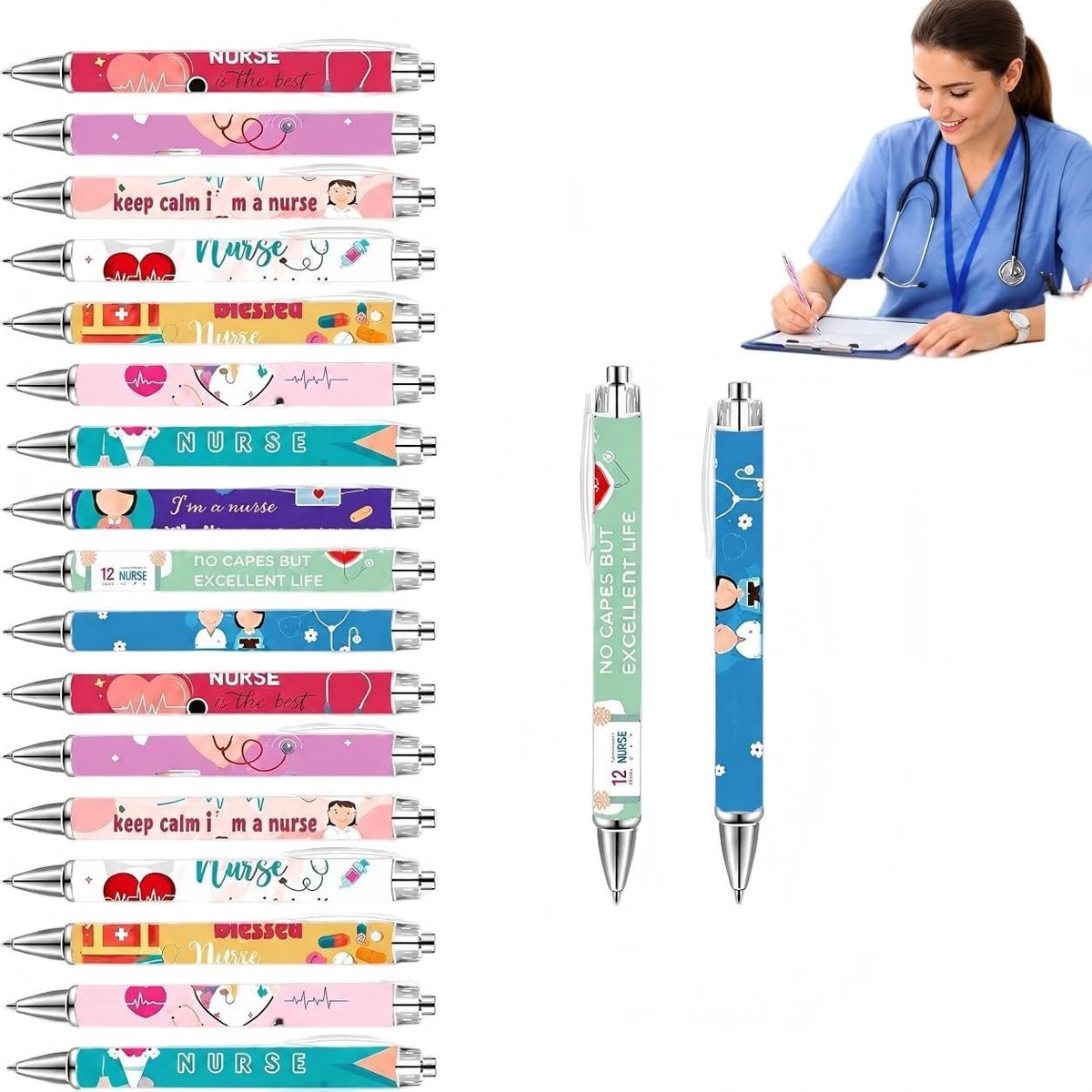 20 Stuks Verpleegkundige Pennen Set met Medische Designs Zwarte Inkt Balpennen voor Verpleegkundigen, Studenten, Kliniek en Kantoor