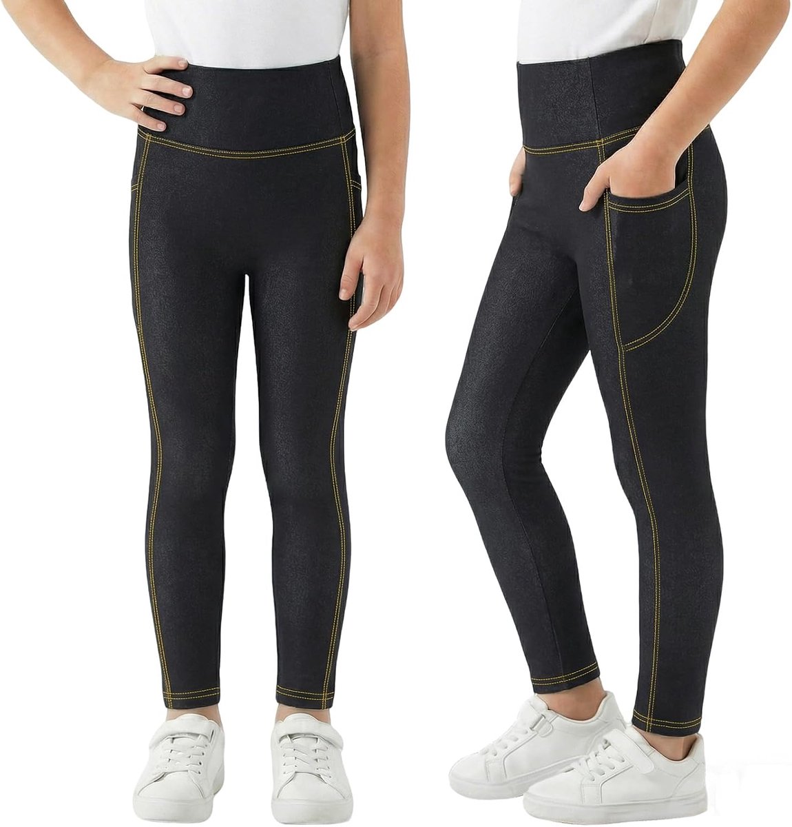 Leggings voor Meisjes Jeanslook Stretchbroek met Zakken Lengte Denimeffect Legging Slim Fit Elastisch Jeggings Hoge Taille Stretchbroeken Dagelijks Gebruik Sportbroek voor Kinderen Maat 116-164