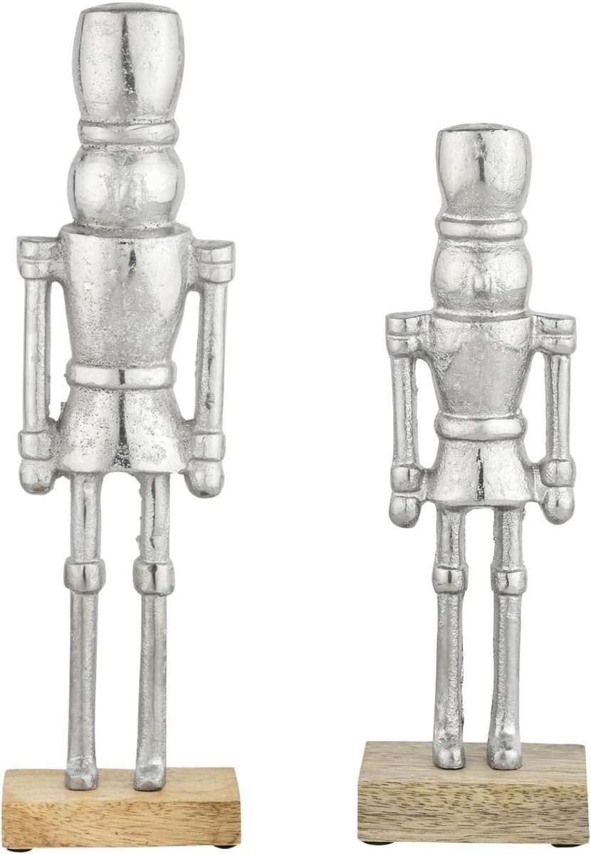 Figuren: notenkrakers, zilver, set van 2, aluminium, houten voet, 32 cm x 22 cm