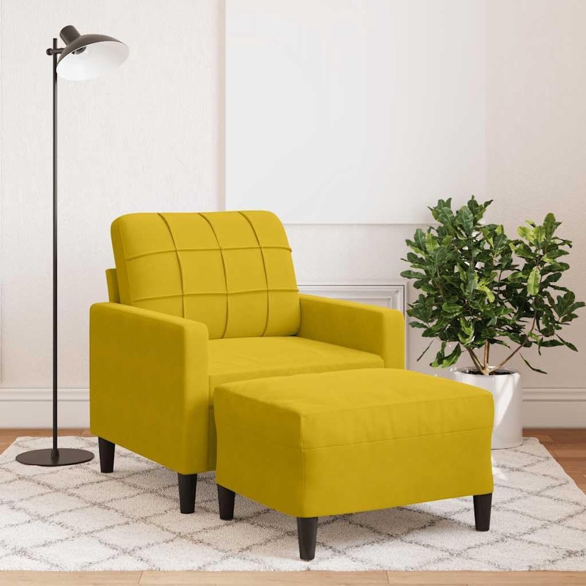 Fauteuil met kruk geel 60 cm fluwelen bekleding metalen frame comfortabel ontspannen lezen televisie woonkamer meubels