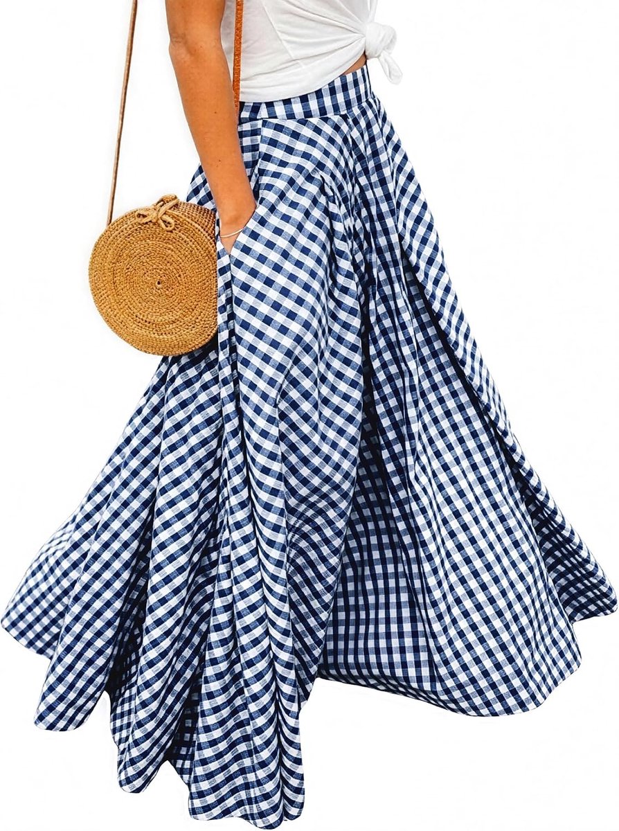 Broek Dames Ruit Hoge Taille Maxi Strand A-Line Rok met Zijzakken