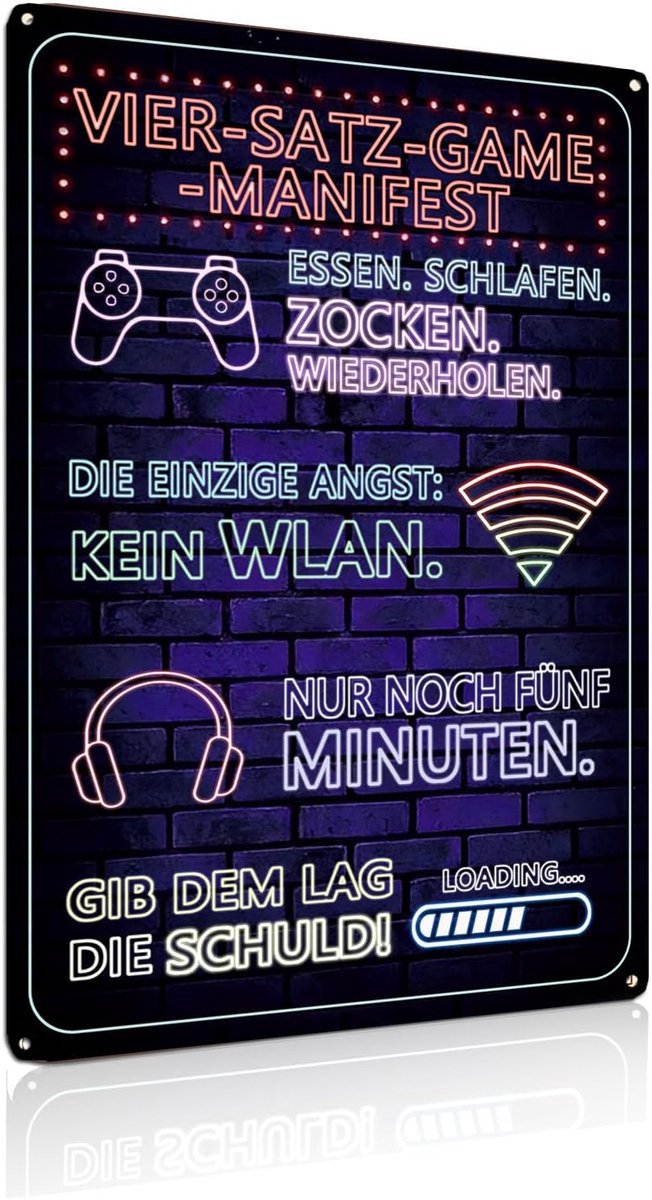 "Vier Set Game-Manifest" Neon Artiges Aluminium Bord Wanddecoratie voor Speelkamer, Slaapkamer, Mancave, Internetcafé, Speelhal - 8x12 inch (25295)