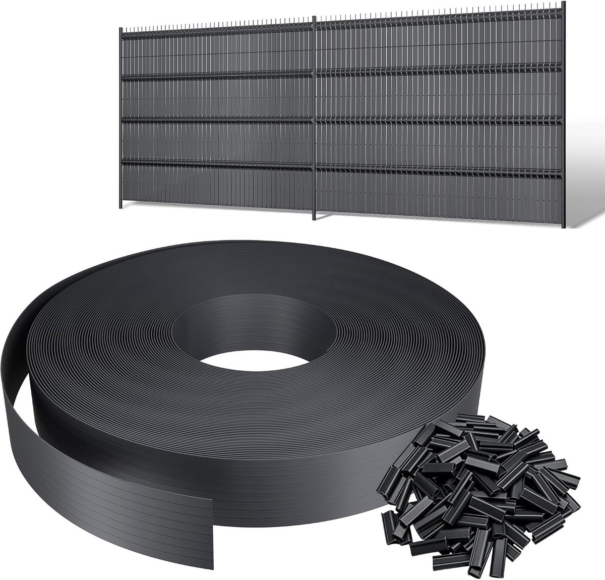 70 m x 4,7 cm zichtwerende strips voor dubbele staafmatten, pvc, inkijkbescherming, omheining, rol voor tuin, balkon, terras, antraciet, incl. 140 clips