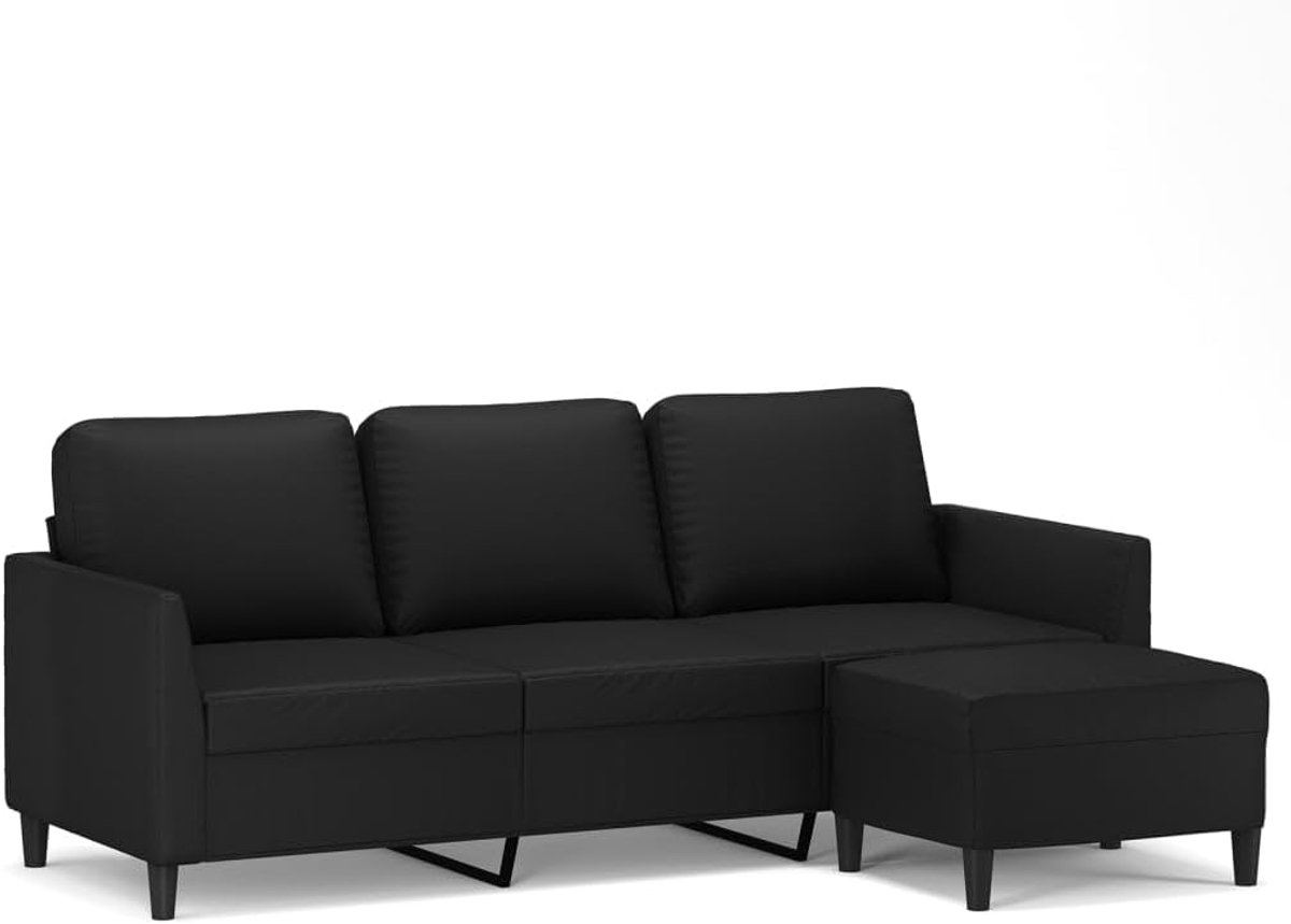 3-zits Leren Bank met Kruk, Kunstleer, Modern Design, Stabiel, Comfortabel Zitgevoel, Veelzijdige Kruk (Zwart)