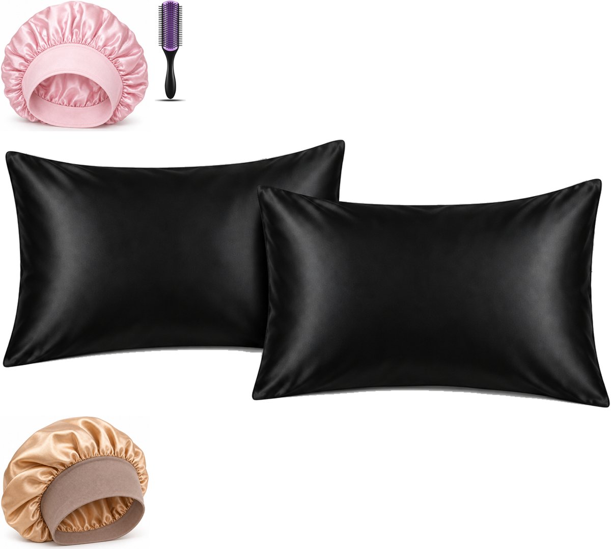 Professor Q Haar- en Slaapset - 2 Kussenslopen Zwart 60 x 70 cm - Bonnet Roze - Bonnet Goud - Purple Black Borstel