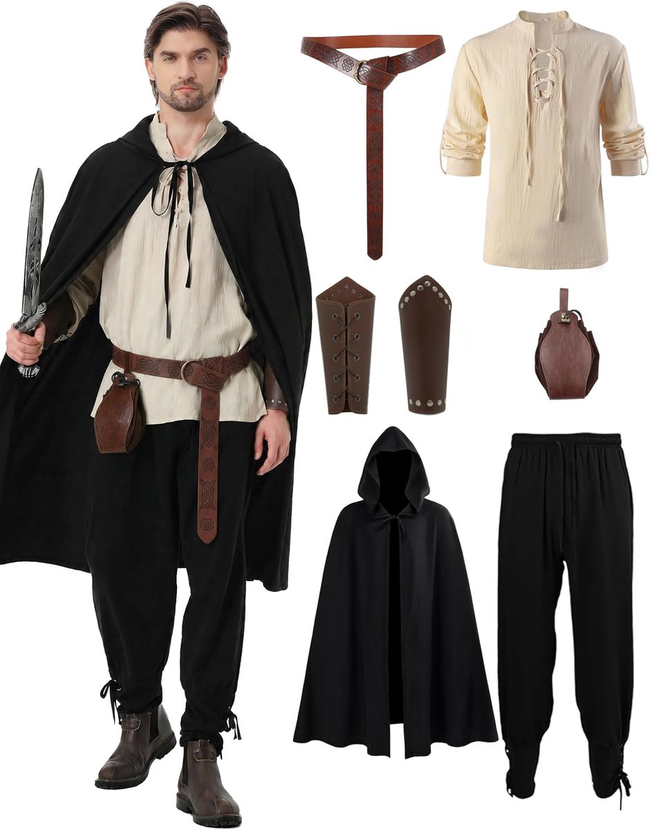 kostuum voor heren, renaissance-kostuum, 7-delig, middeleeuwse kleding voor heren met klassiek shirt, middeleeuwse broek, riem, accessoires
