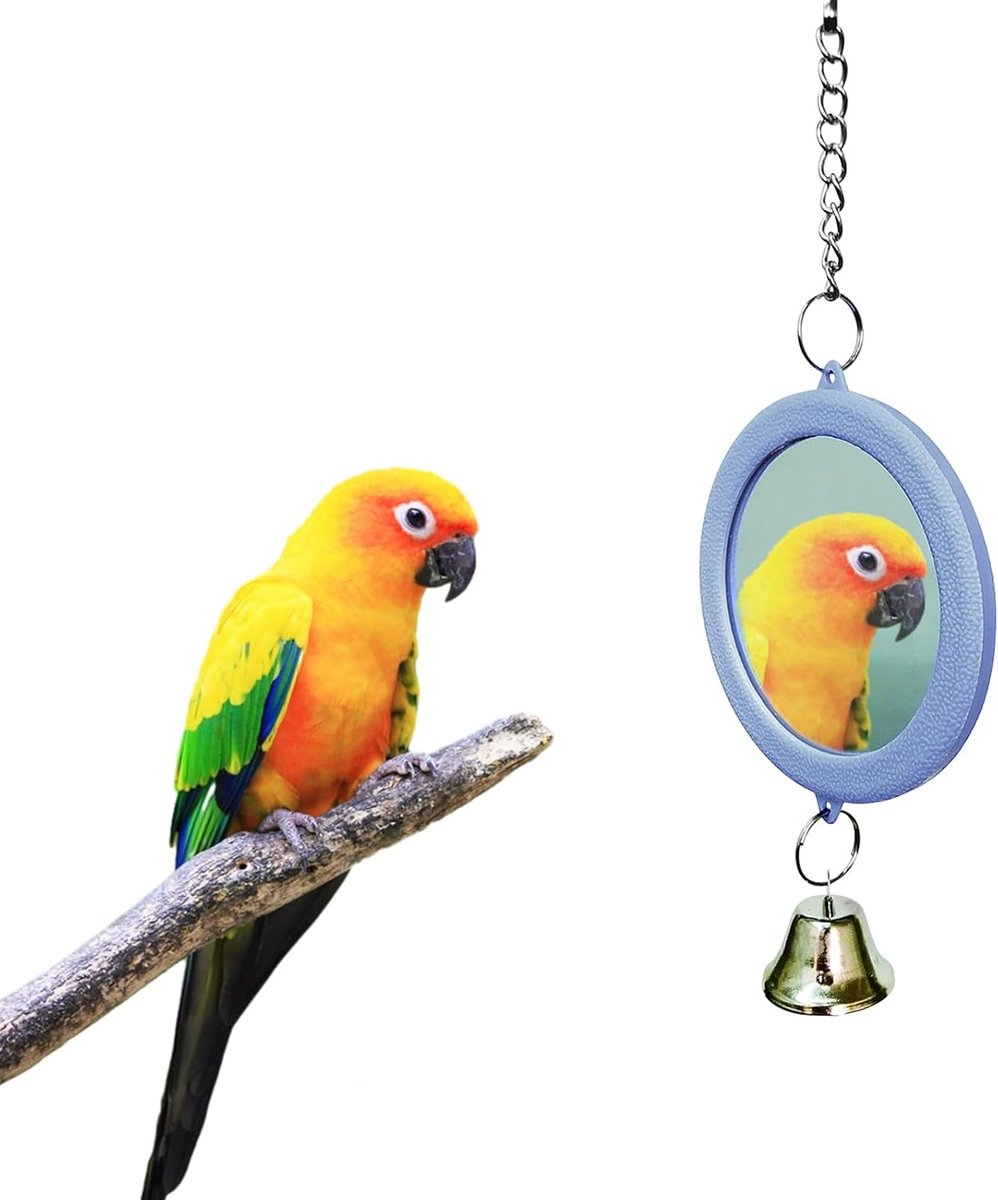 Vogelspiegel met bel, 1 stuk interactief papegaaienspeelgoed, ronde spiegel, vogelspiegel, speelgoed, parkietenkooi, accessoires voor valkparkieten, parkieten, kanarische grasparkieten