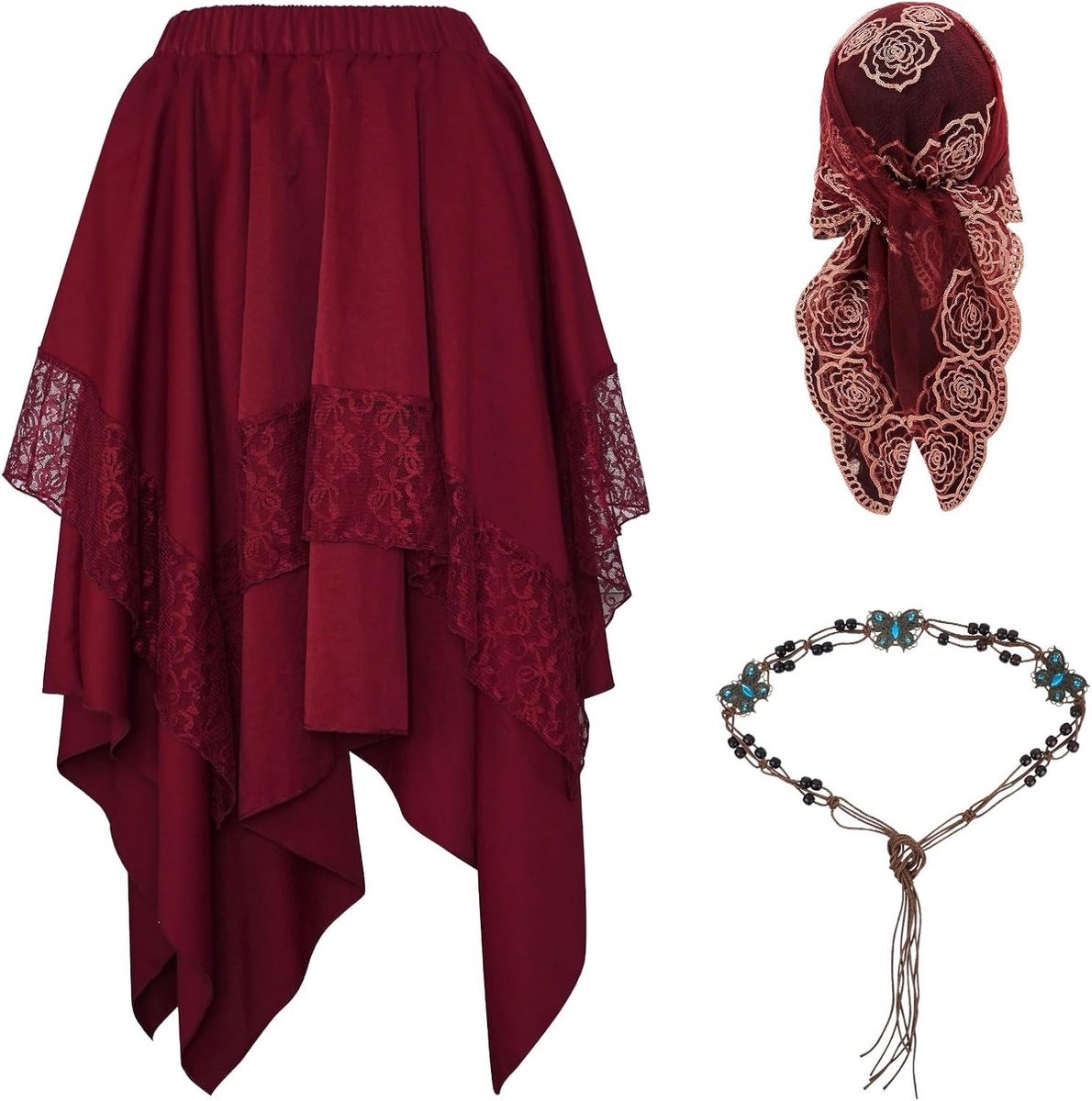 Steampunk-rok voor Dames,Victoriaanse High-low-rok met Kant,Middeleeuwse Renaissance-kostuum voor Halloween Carnaval,Elastische Tailleband, voor Carnavals- en Cosplayfeesten