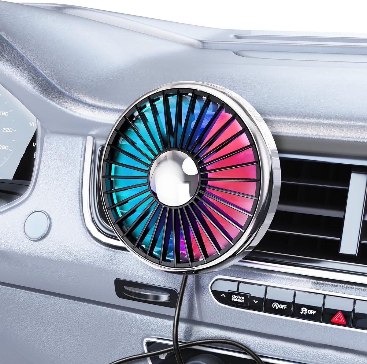 USB-ventilator voor ventilatierooster, 360° draaibaar, stil, mini-autoventilator met gekleurd ledlicht, 3 snelheden, kleine autoventilator voor auto, SUV, vrachtwagen, camper, bestelwagen, 5 V