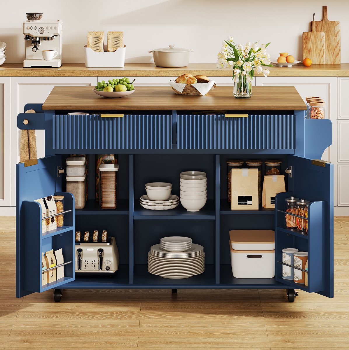 MODENUIT Keukeneiland 143 x 45 cm - 2 Lades, Uitklapbaar Werkblad en Wielen - Keuken - MDF - Blauw Bruin