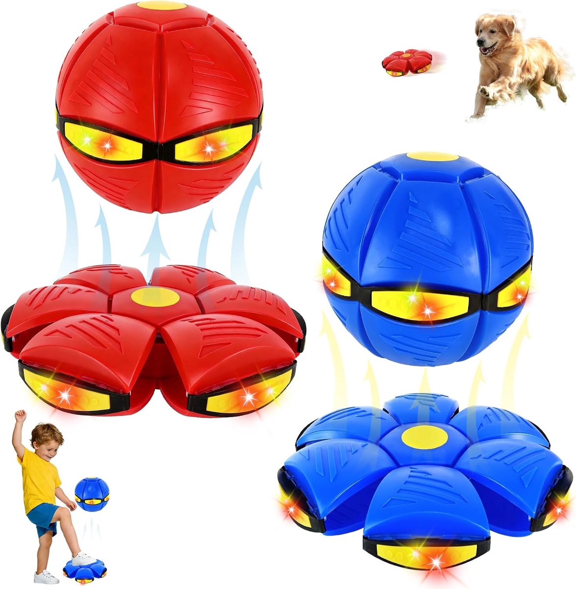 Set van 2 Magische Stuiterballen met Led Zwevende Speelbal Transformeerbare Vliegende Schotelbal 2-In-1 Interactief Speelgoed voor Kinderen En Huisdieren kan worden omgezet in een bal