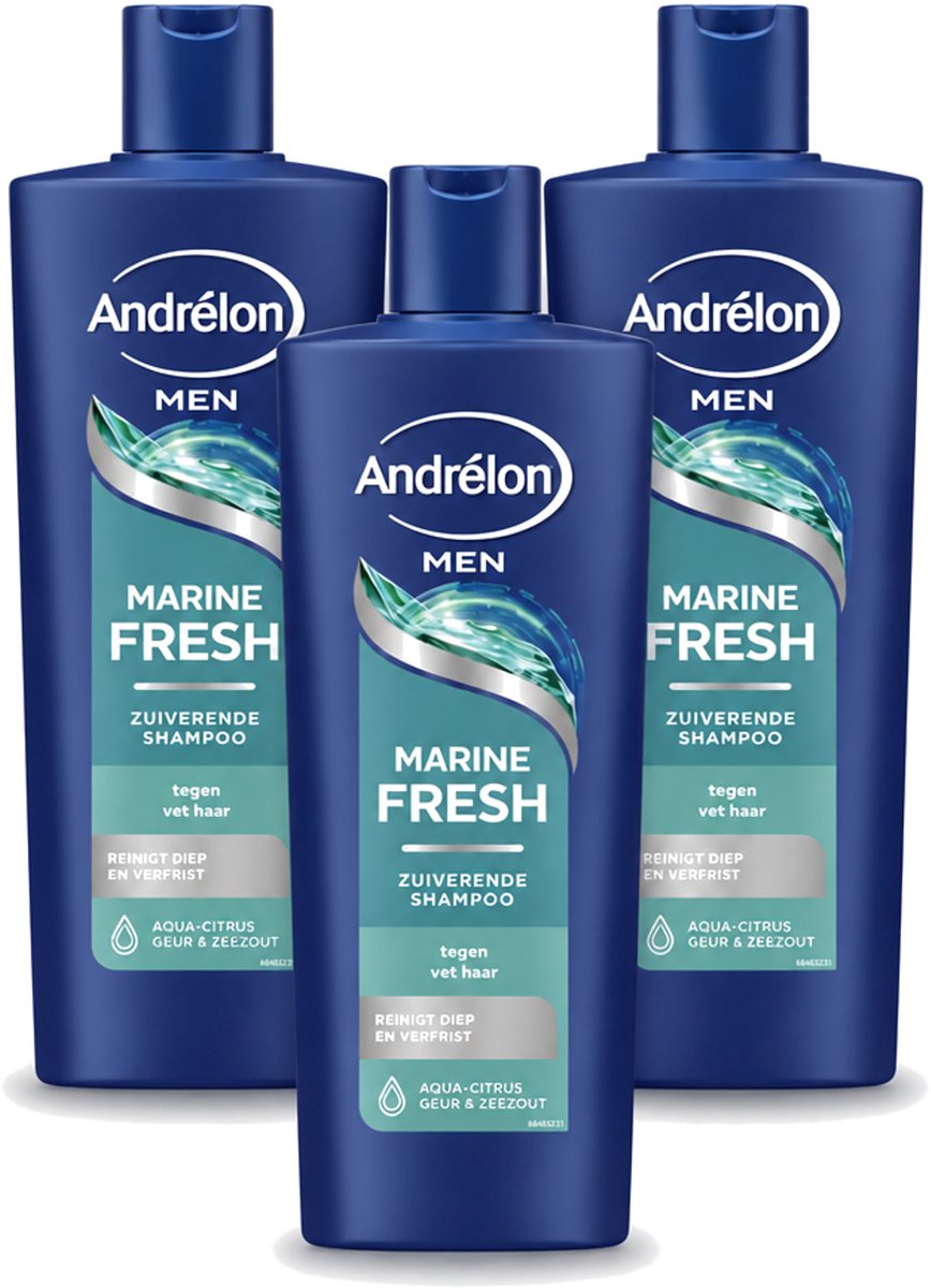 3 x Andrélon – Shampoo – Marine Fresh Men – 400 ml - Bulkverpakking - 3 stuks