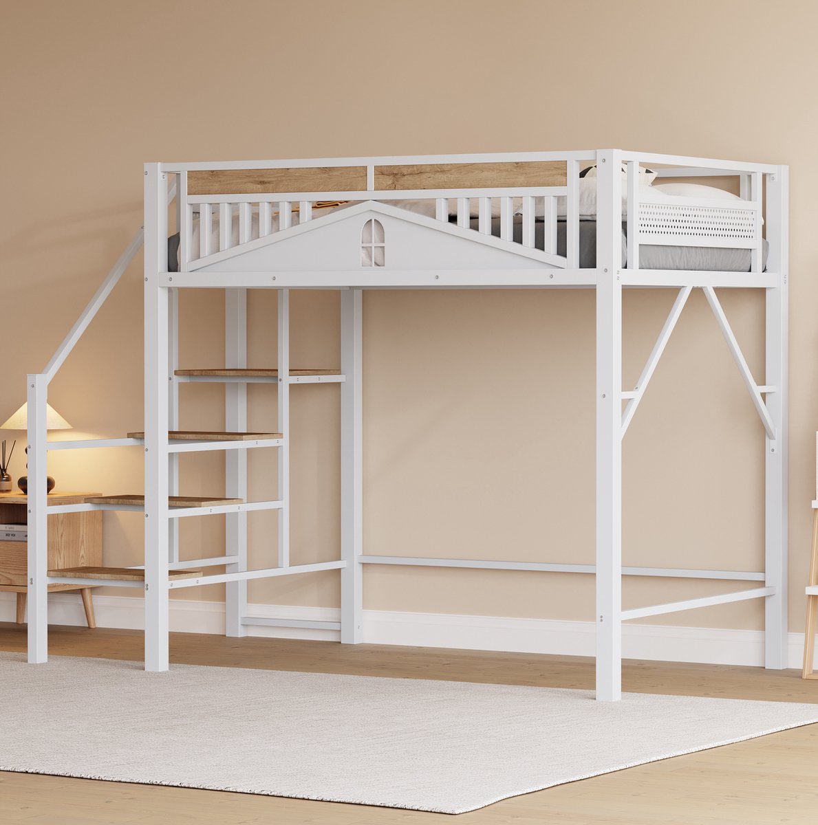 WUVRIE Hoogslaper 140x200 cm met veiligheidsopgang, uitvalbeveiliging en ruimte onder bed, wit