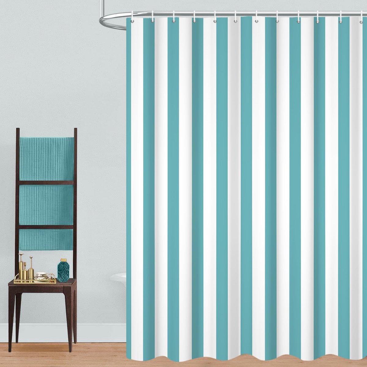 Douchegordijn, 180 x 180 cm, licht groenblauw en wit, modern minimalisme, verticale strepen, waterdichte stof, machinewasbaar, badkamergordijn met haak