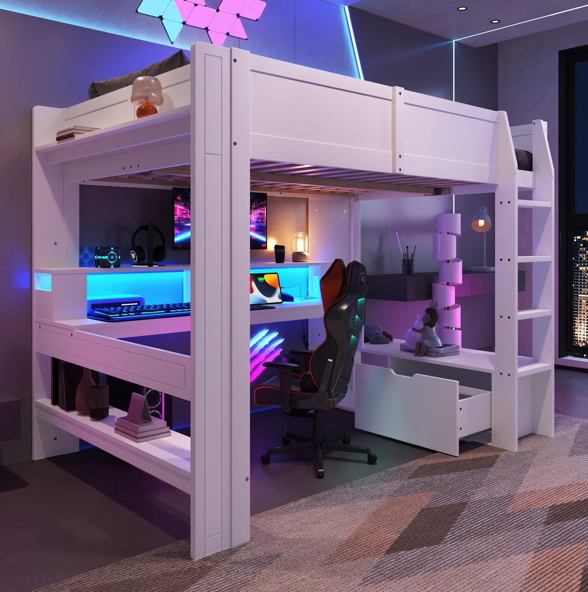 WUVRIE Hoogslaper 140x200 cm met bureau, planken, opbergruimte, LED-verlichting en valbeveiliging, wit