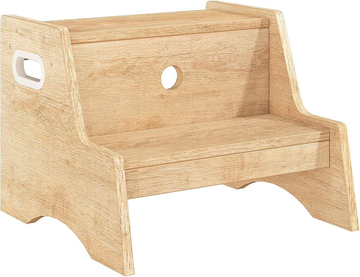 Kindertrap met 2 Treden, Antislip Handvatten, Ideaal voor Toilet en Keuken, Houtkleur, Veilig en Stevig voor Kinderen