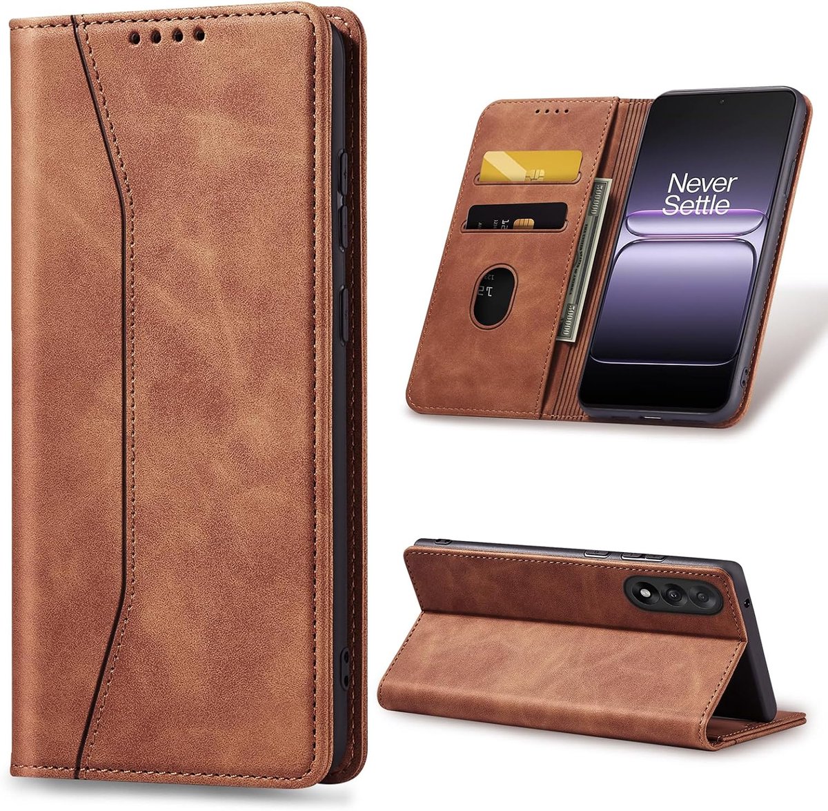 Hoesje voor Oneplus Nord 5 Case, Premium Lederen Flip Wallet Case met Magnetische Portemonnee Cover [Kaartsleuven] [Kickstand] Opvouwbare Leer Beschermhoes, Bruin