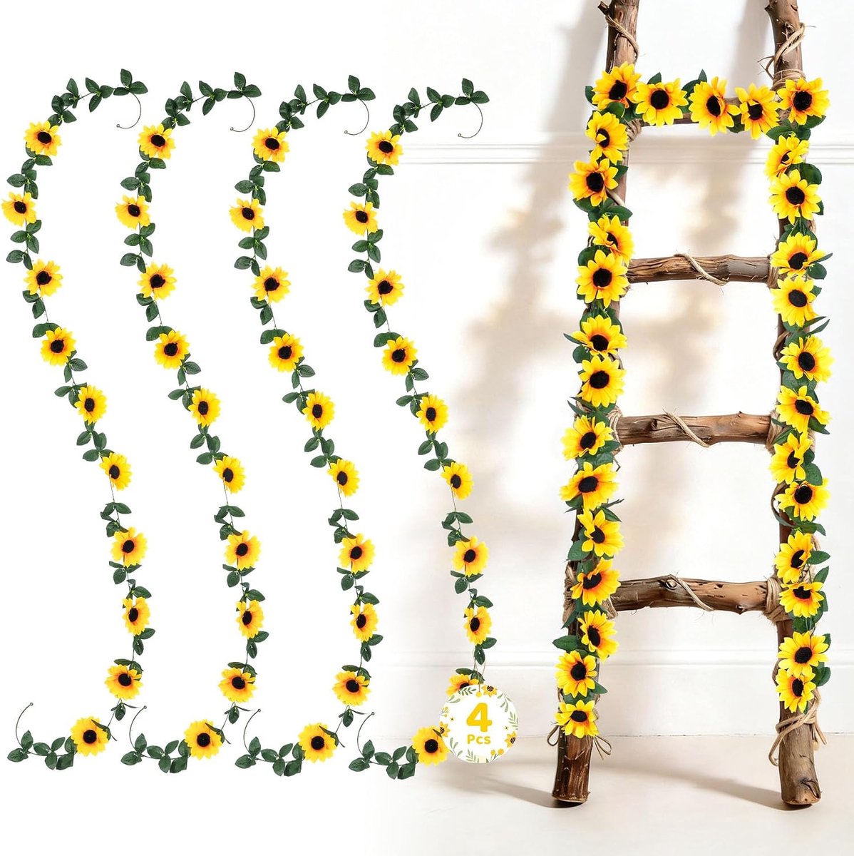 Kunstbloemen net echt, 225 cm, zonnebloemen slinger, gele kunstbloemen voor hek, tuin en terras, uv-bestendig