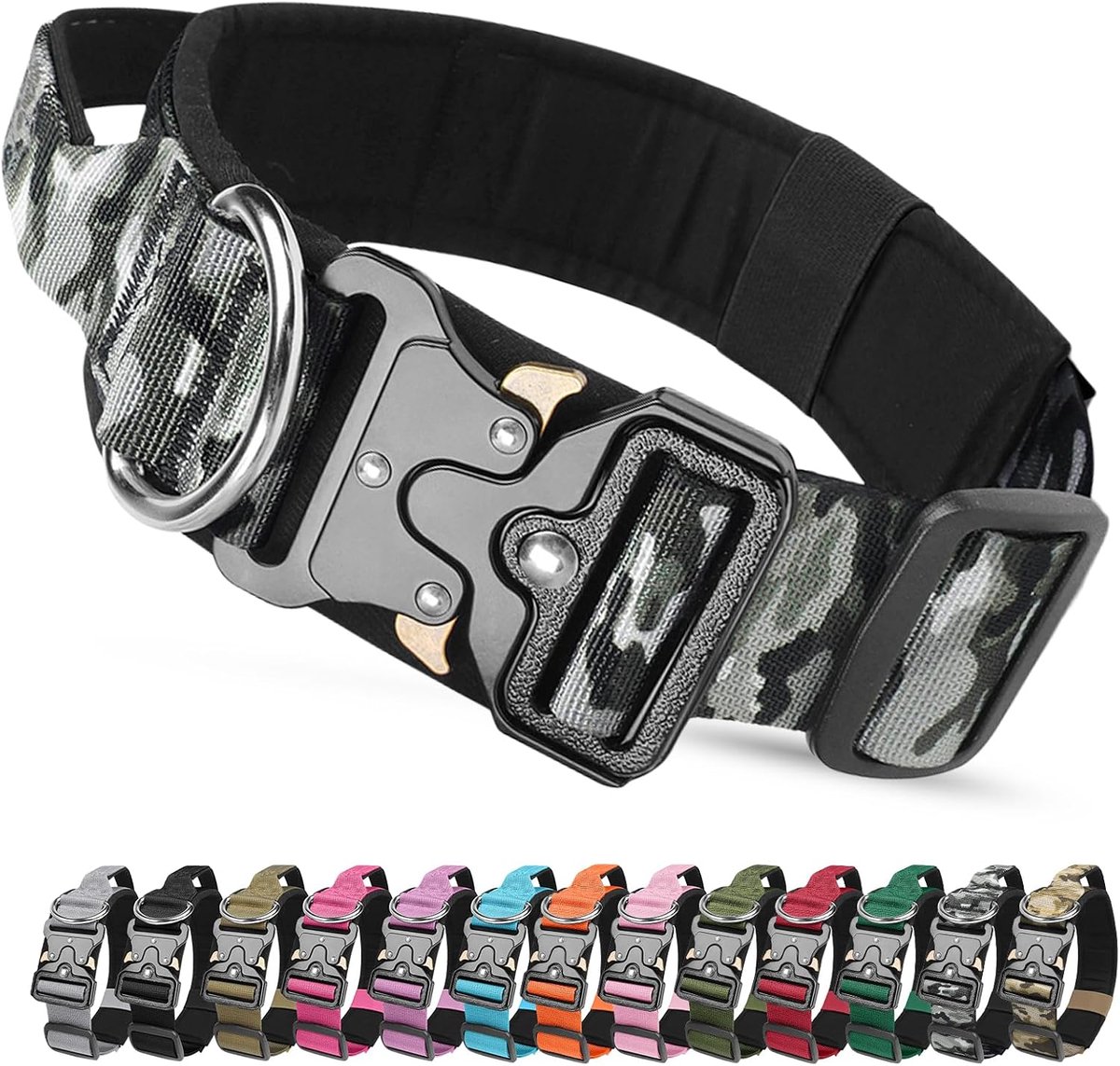 hondenhalsband met handvat, breed gewatteerde nylon hondenhalsband, verstelbaar robuust hondenhalsband met metalen gesp voor middelgrote grote honden (grijs camouflage, XL)