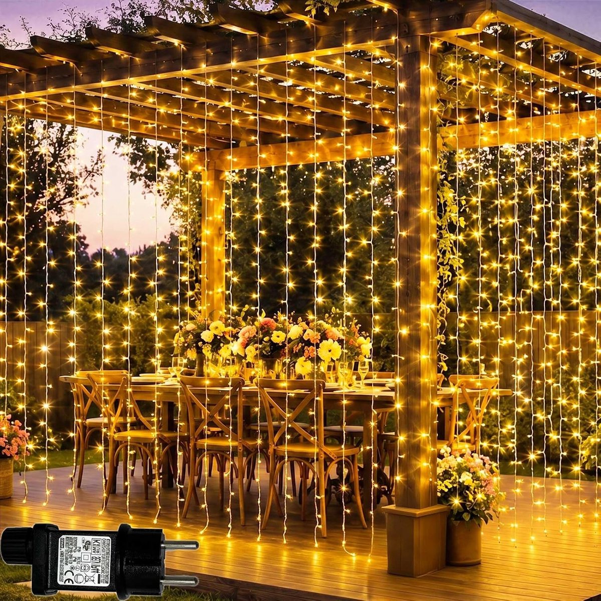 Lichtgordijn voor buiten, 3 m x 3 m, 300 leds, lichtgordijn met stekker, 8 modi, waterdicht, voor kamer, balkon, party, tent, bruiloft, buiten, binnen, kerstdecoratie
