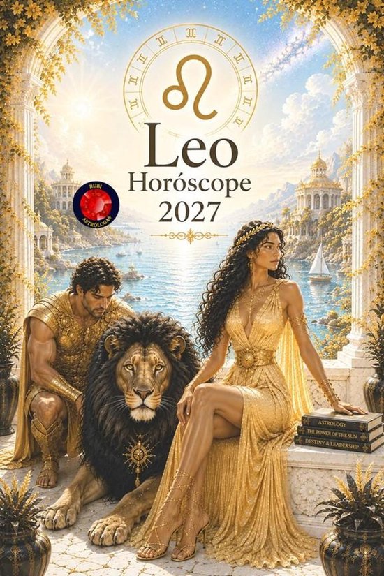 Leo Horoscoop 2027 poster met een vrouw in gouden jurk, een man in harnas en een leeuw voor een klassieke tempel.