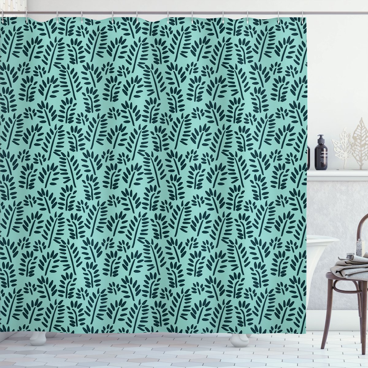 ABAKUHAUS Blauwgroen en Turkoois Douchegordijn, Blad-Natuur, Stoffen Badkamerdecoratieset met Haken, 175 x 180 cm, Turkoois Donker Blauwgroen