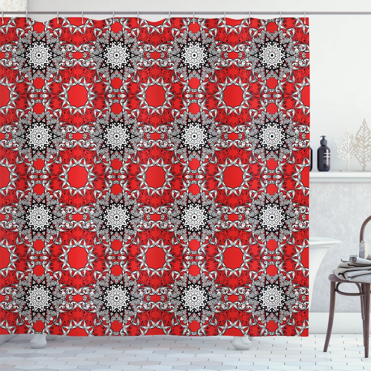 ABAKUHAUS Rood Mandala Douchegordijn, Gekritzel-Kunst-Bloemen, Stoffen Badkamerdecoratieset met Haken, 175 x 200 cm, Oranje Wit en Zwart