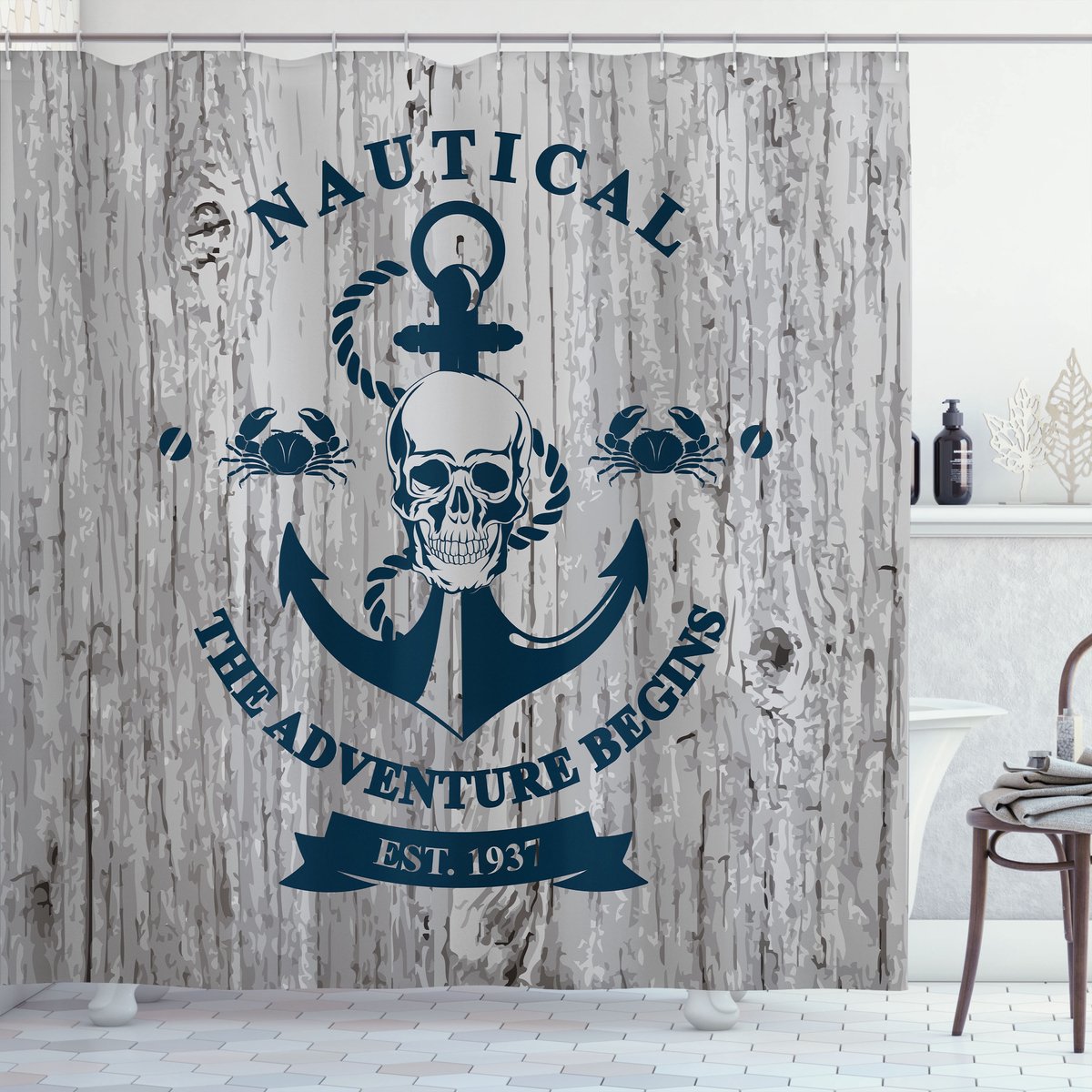 ABAKUHAUS Nautisch Douchegordijn, Anker Schedel Zee Touw, Stoffen Badkamerdecoratieset met Haken, 175 x 200 cm, Beige Marineblauw