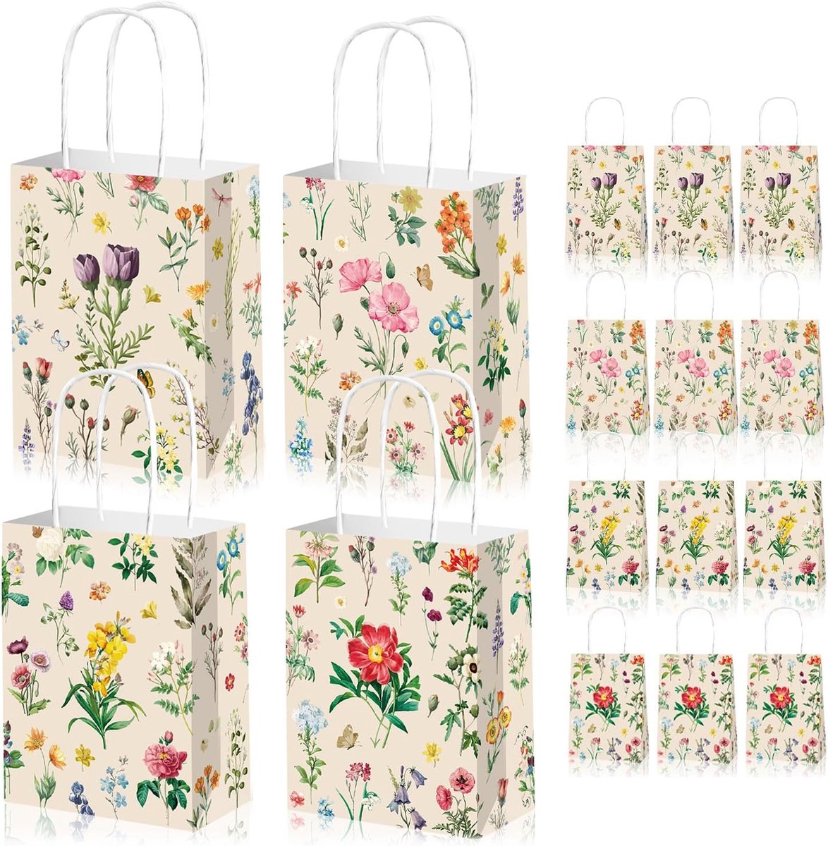 12 stuks bloemengeschenkzakjes met handgrepen, 21 x 16 x 7,9 cm kleine kraftpapieren feesttas, 4 vintage wildflowerpatronen, herbruikbare papieren goodiezakjes voor verjaardag, babyshower