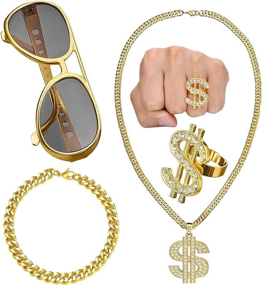 4 Stuks Hip Hop Kostuumset, Gouden Dollar Ketting, Rapper Accessoires, Rapperaccessoires Uit de Jaren 80/90, Voor Mannen en Vrouwen, Hip Hop Kostuum Kit (Bril + Ketting + Ring + Armband)