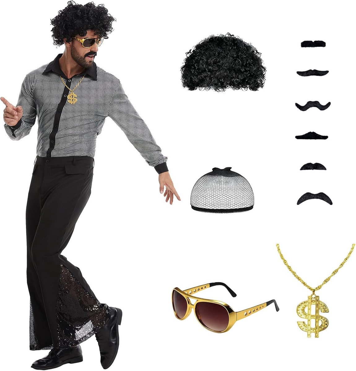 jaren 70-outfit voor heren, discokostuum met glitterhemd en broek voor carnaval, Halloween en themafeesten