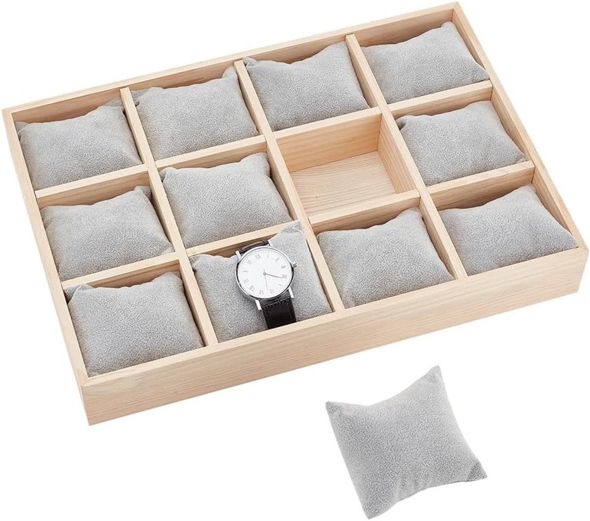 Houten Horloge Organizer met 12 Vakjes, Verwijderbare Velvet Kussens, Stapelbare Sieradenbox voor Horloges en Armbanden, Grijs