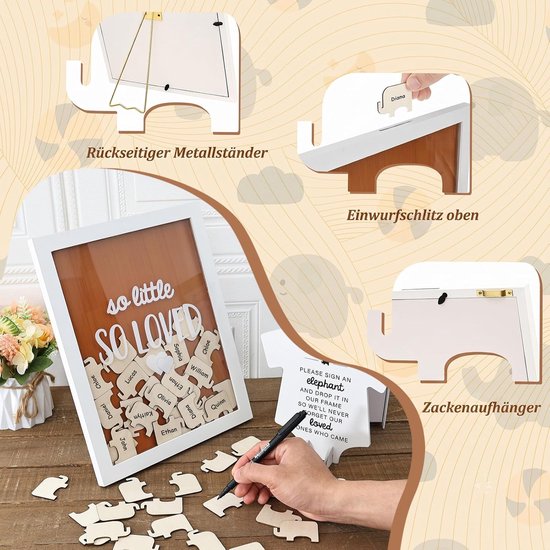 gastenboek fotolijst van hout, babyshower decoratie met 50 houten olifantenkaarten om in te vullen, creatief gastenboek, doopboek voor babyshower, decoratie meisjes en jongens — afbeelding 3
