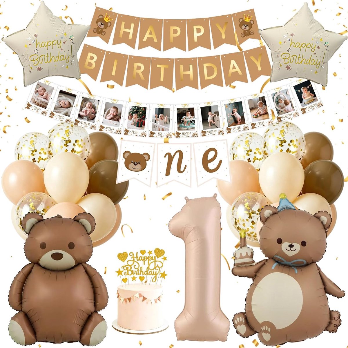 beer 1 jaar voor jongens en meisjes, ballonset met nummer 1, Happy Birthday-banner, decoraties in koffiebruin, snoep en goud, voor babyshower en kinderfeest