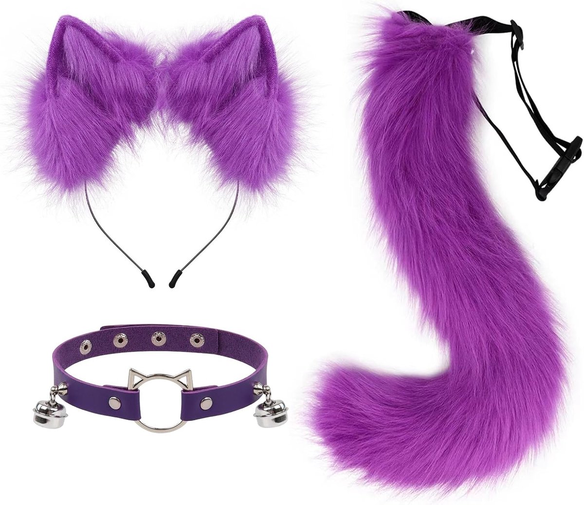 Dieren, kat, vossenstaart, kunstbont, wolvenoren, hoofdband, leren halsketting, kostuumset voor feest, Halloween, cosplay